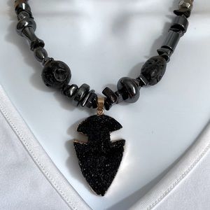 Vintage druzy arrowhead pendant with hematite beads necklace